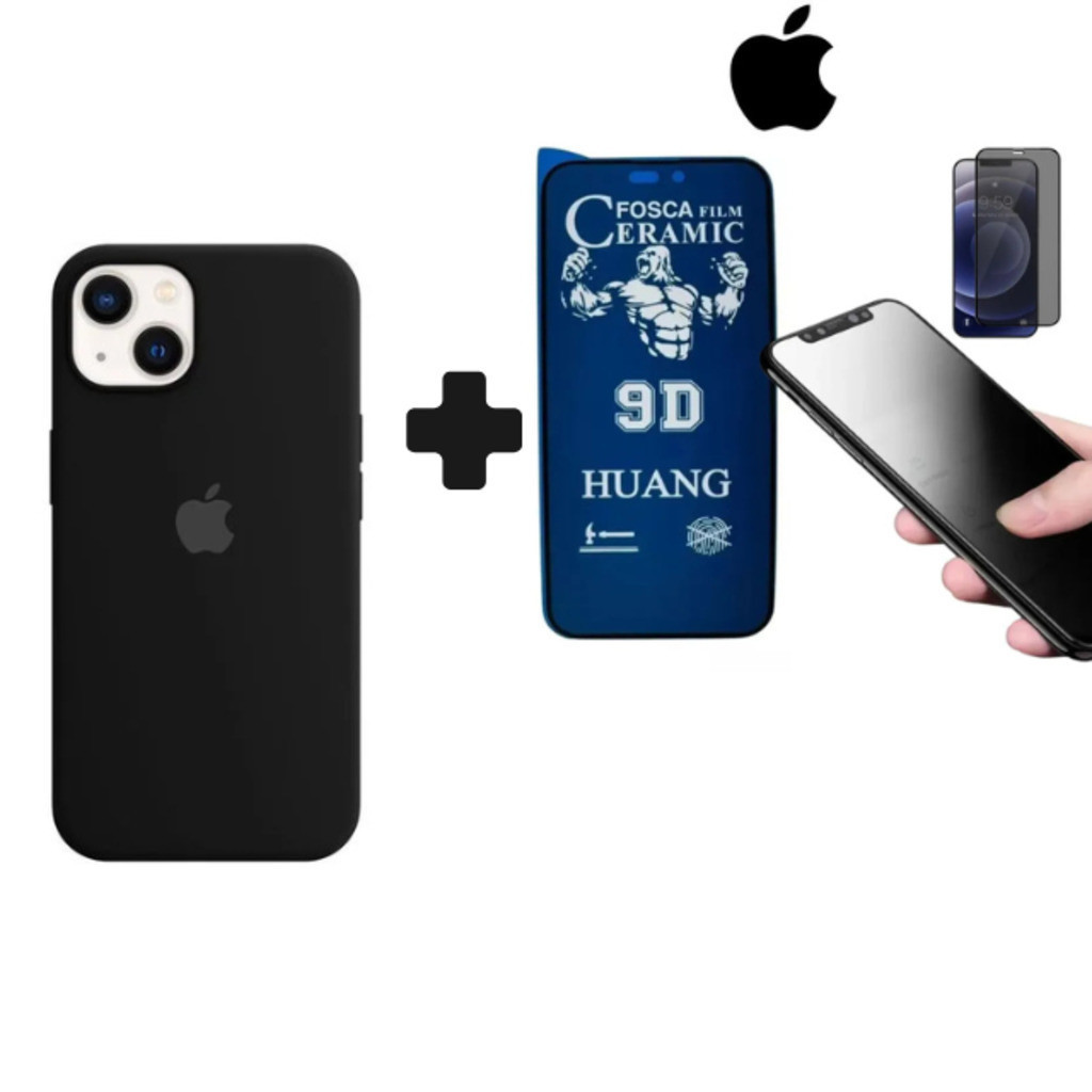 Kit 2em1 Capa Case Preta+Película de Cerâmica Fosca Privacidade iPhone XS 11 12 13 14 15 16 Pro Max