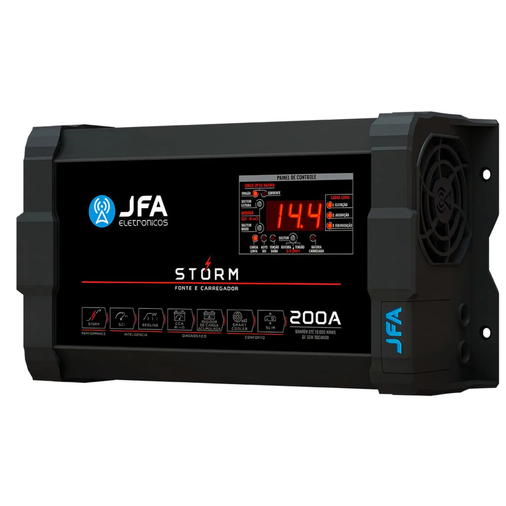 FONTE CARREGADOR DE BATERIAS JFA 200Ah 220V MONOVOLT STORM COM SCI, CARGA INTELIGENTE