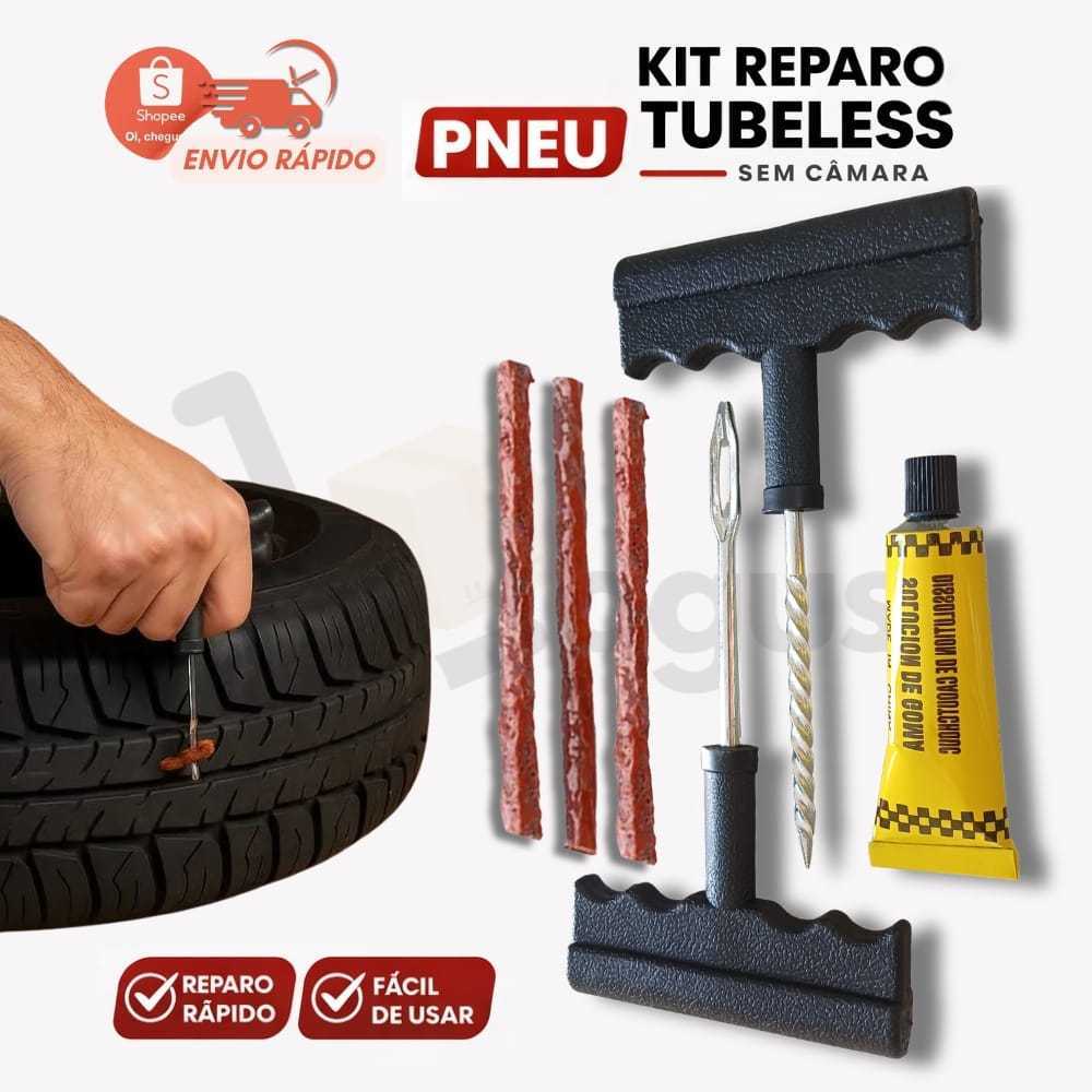 Kit Reparo Pneu Sem Câmara Tubeless Macarrão com Aplicador Escareador em Ferro e Cola para Carro Moto e SUV Automotivo
