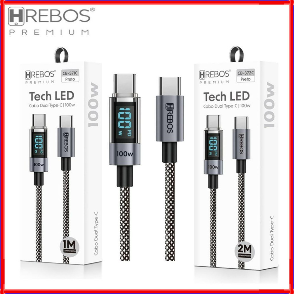 Cabo Tipo C 100W Turbo PD Visor de Potência com Mostrador LED USB C Original HREBOS CB-371c