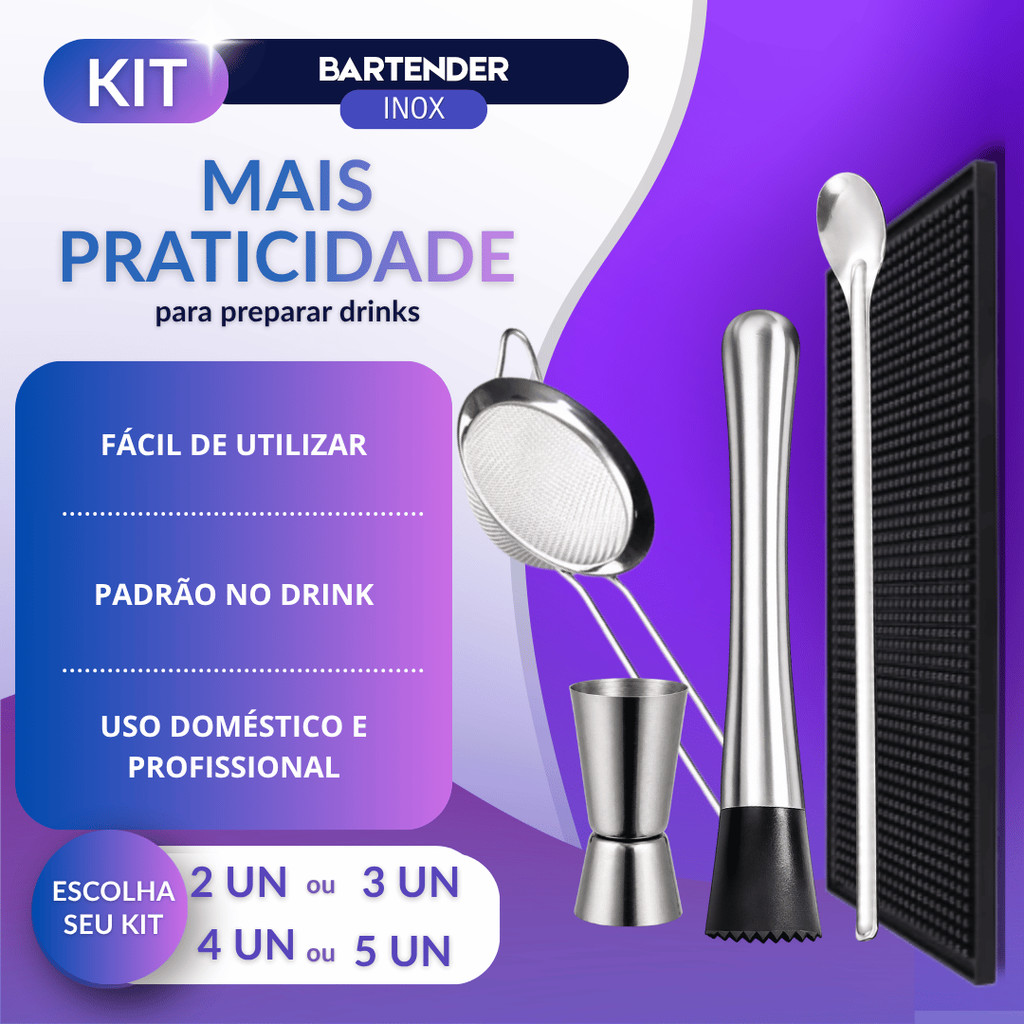 Kit Bartender Barman Inox 5/4/3/2 Peças Socador Dosador 25/50 Colher 30cm Peneira 8cm Tapete Antiderrapante
