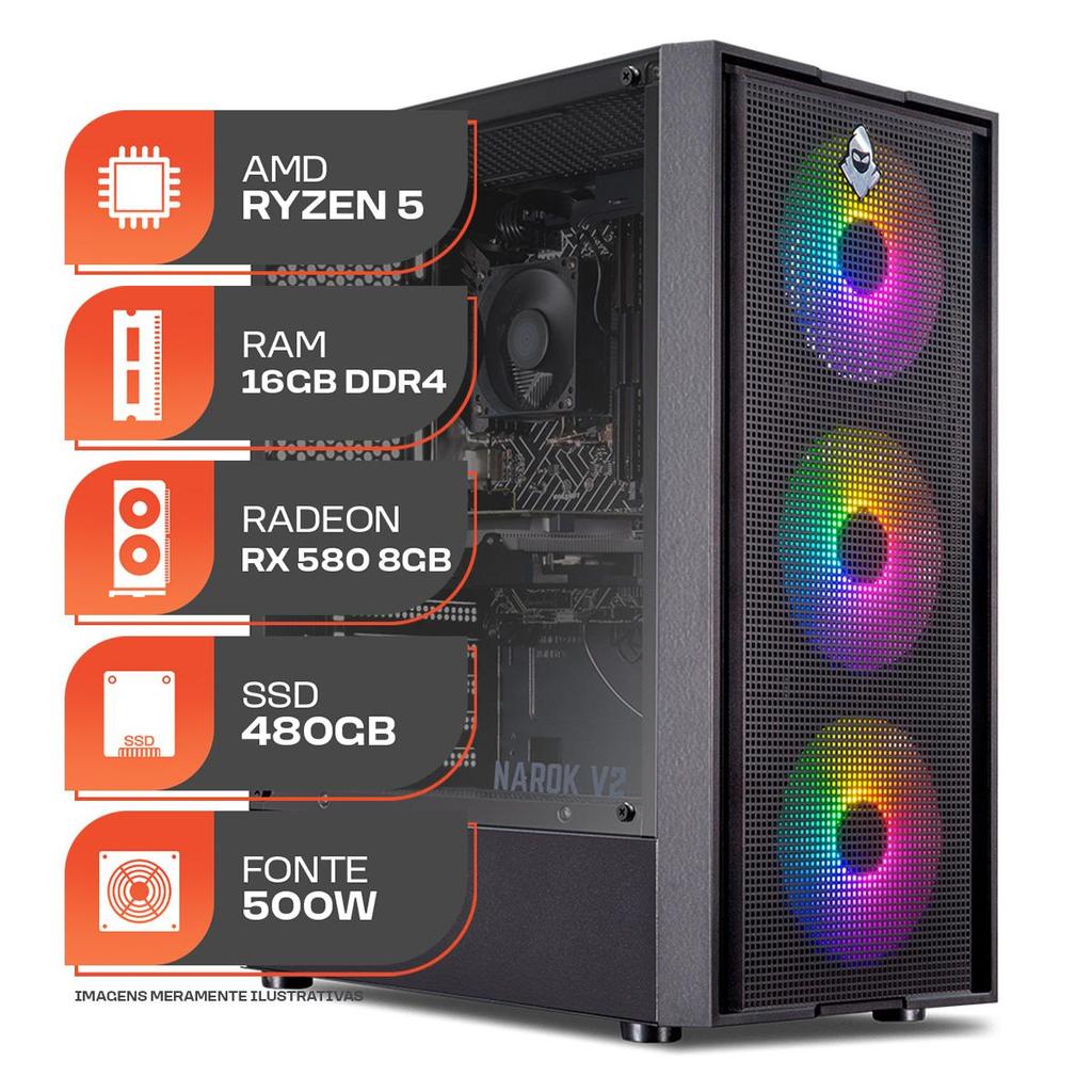 PC Gamer Forge, AMD RYZEN 5 4500, RX 580 8GB, 16GB DDR4, SSD 480GB, 500W 80 Plus