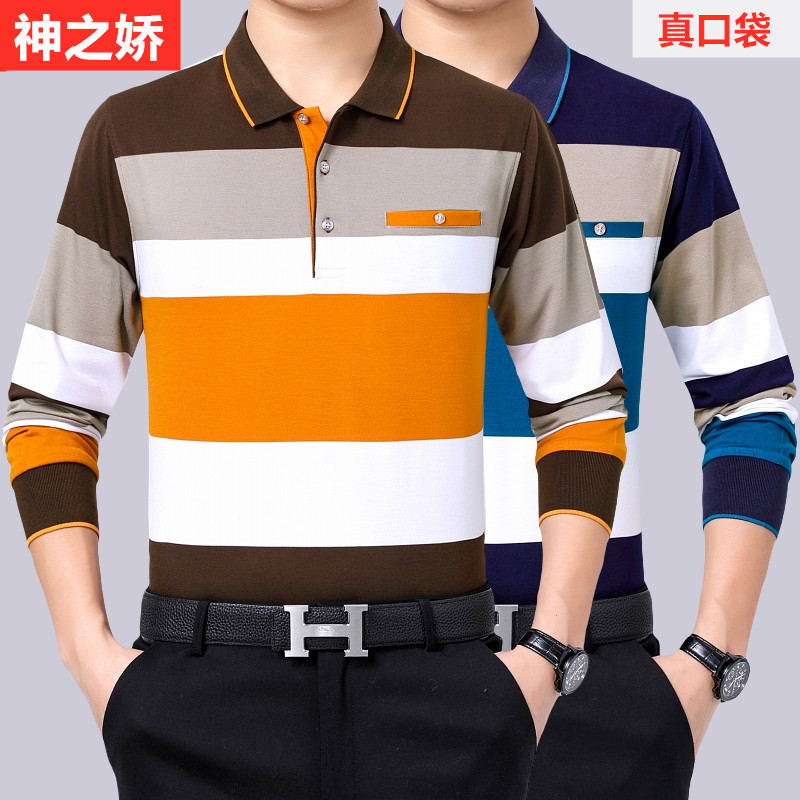 Camiseta polo masculina de meia-idade de manga comprida camisa polo roupas masculinas idosas de meia-idade pai roupas de