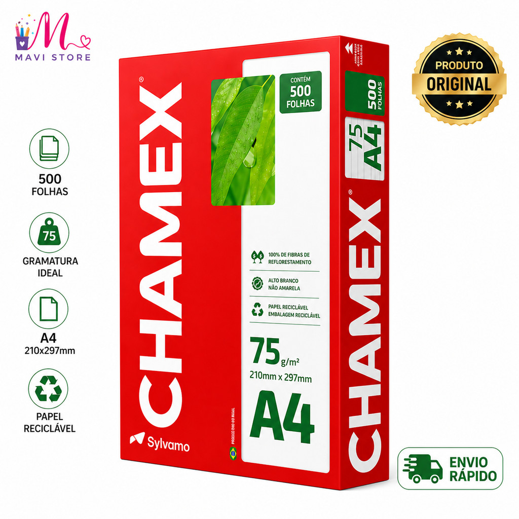 Resma Papel A4 Chamex 500 Folhas 75g Branco Original Impressora Escritório Uso Diário Laser e Jato