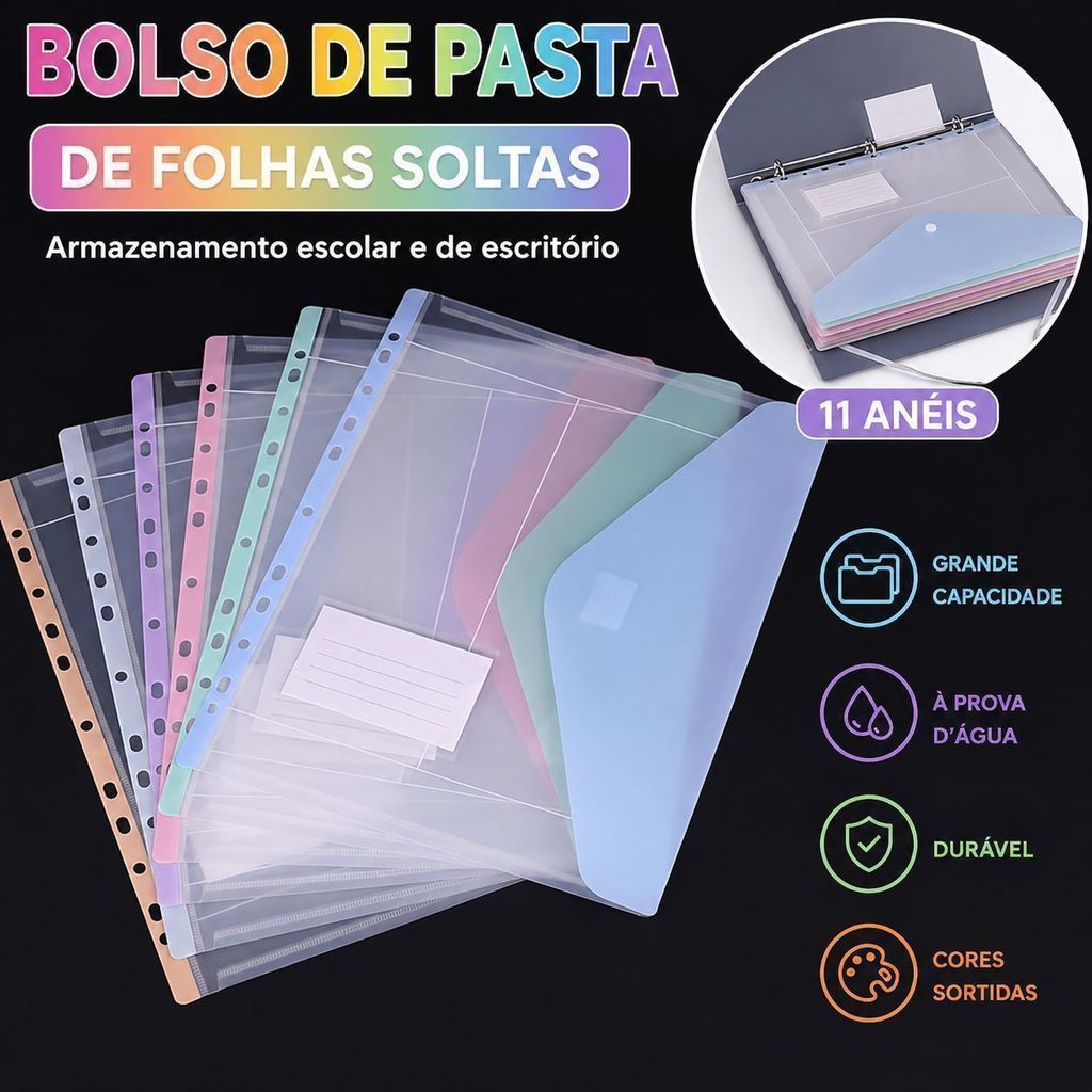 Envelope A4 11 Furos Transparente com Botão Pasta Arquivo Escritório
