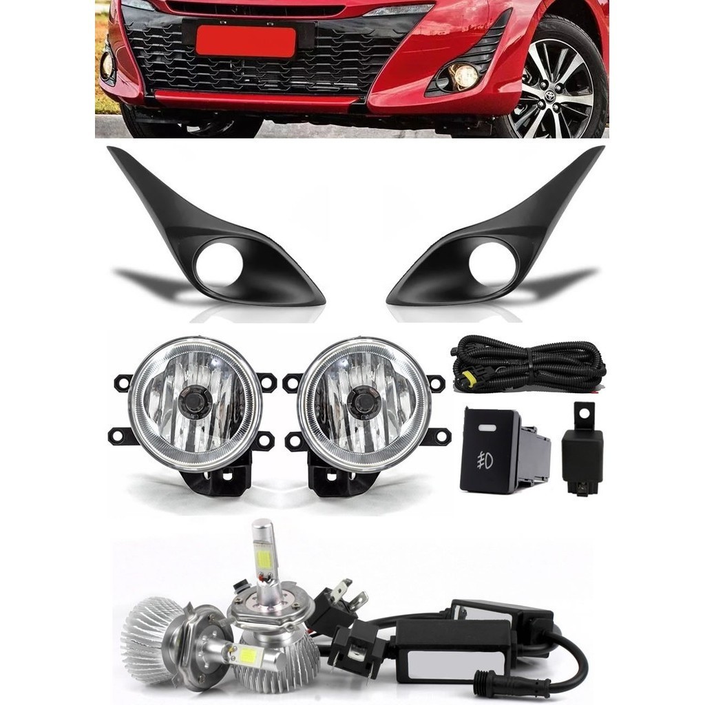 Kit Farol de Milha Neblina Yaris Com Moldura - Interruptor Modelo Original + Kit Lâmpada Super LED