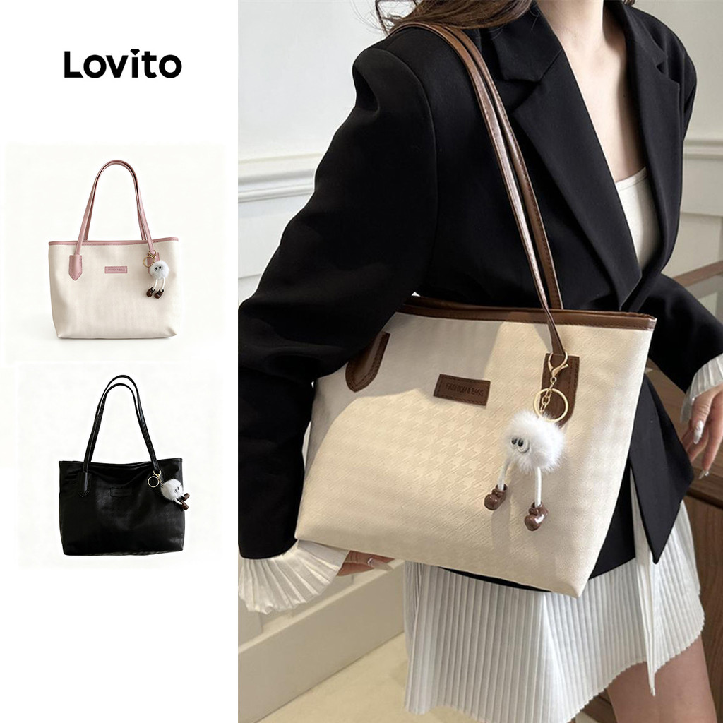 Lovito Bolsa De Ombro Casual Bolsa De Estrutura Lisa Bolsa De Ombro Remendada Para Mulheres LFA43710