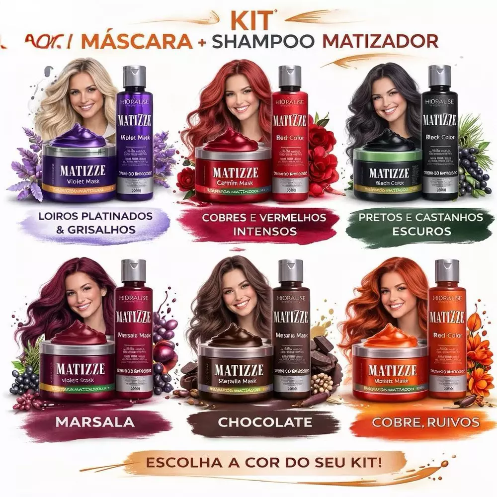 KIT SHAMPOO + MÁSCARA TONALIZANTE MATIZZE Sem Amônia Avelã, Preto, Marsala, Loiro, Vermelho, Ruivo