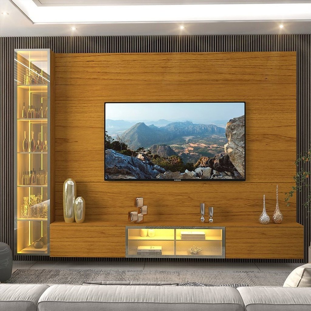 Estante para TV e Home Theater até 90 Polegadas com Vidro Reflecta 100% MDF 255,2cmx217,6cm Porta Led Luminare Marrom