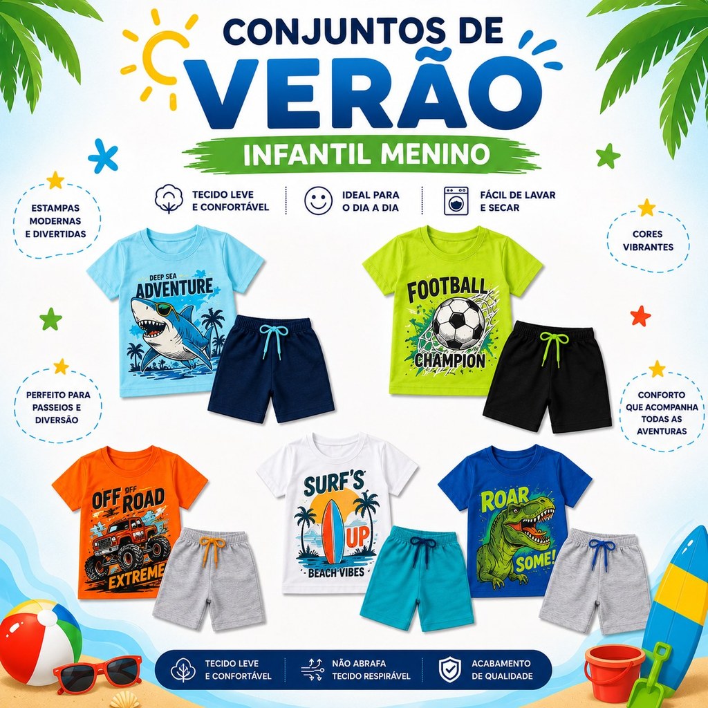 Kit Sortido 2 ou 4 Peças Conjunto Infantil Masculino Verão Menino Camiseta e Short Roupa Leve Confortável VERÃO