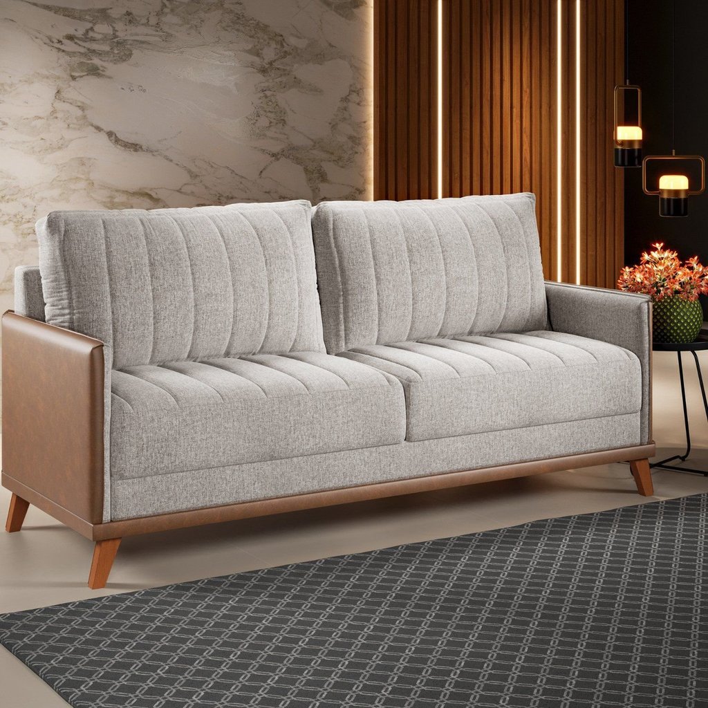 Sofá Living 3 Lugares 200cm Linho Seletto Bege Kaki Bege Kaki