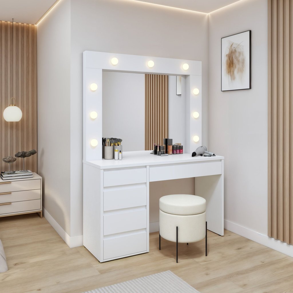 Penteadeira Camarim com Espelho e Lampada 5 Gavetas 100% MDF Anne  Branco Acetinado