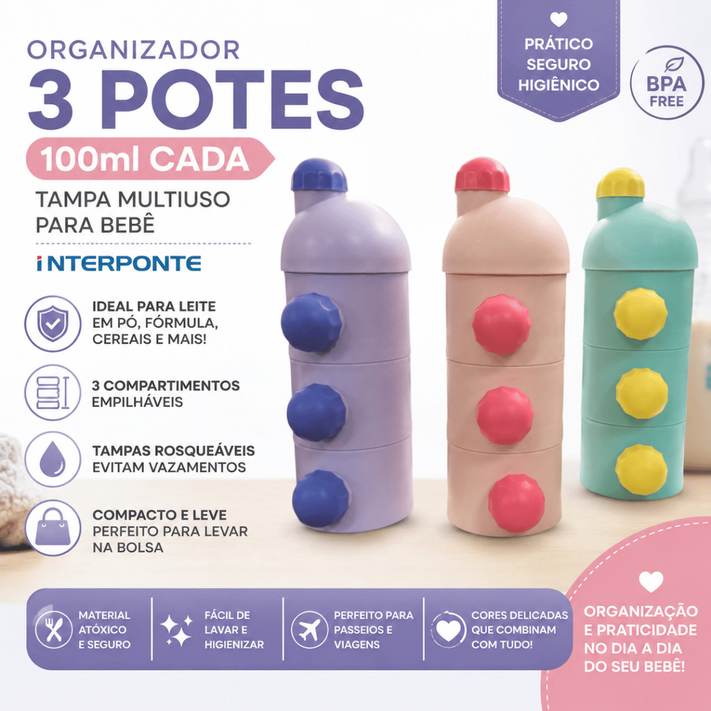 Organizador 3 Potes 100ml Plastico Tampa Multiuso Para Bebê - Interponte / Cozinha Mantimentos Alimentos Organizacao