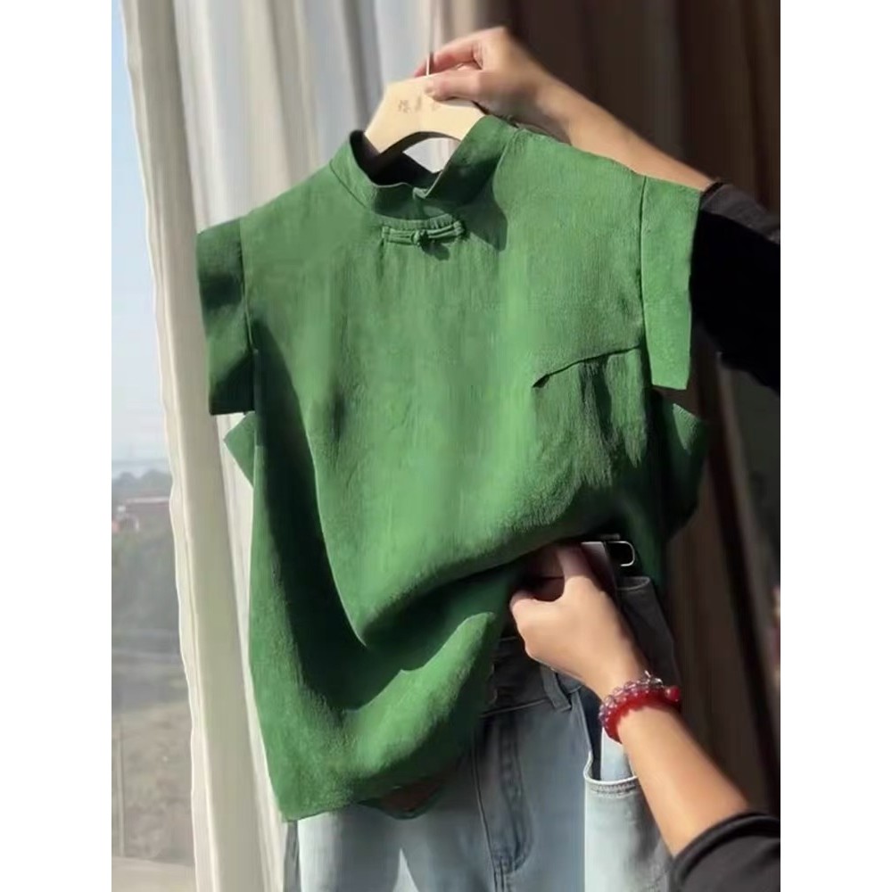 Golpe de produtos Niu X!Novo nicho chinês Retro verde Cheongsam colarinho curto fino-ajuste sem mangas camisa feminina v