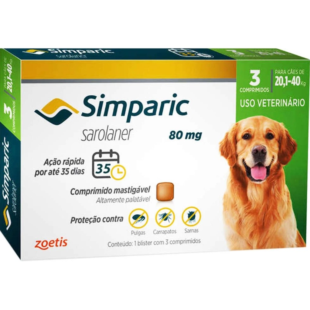 Simparic 80mg para de Cães 20,1 a 40kg 3 Comp Zoetis