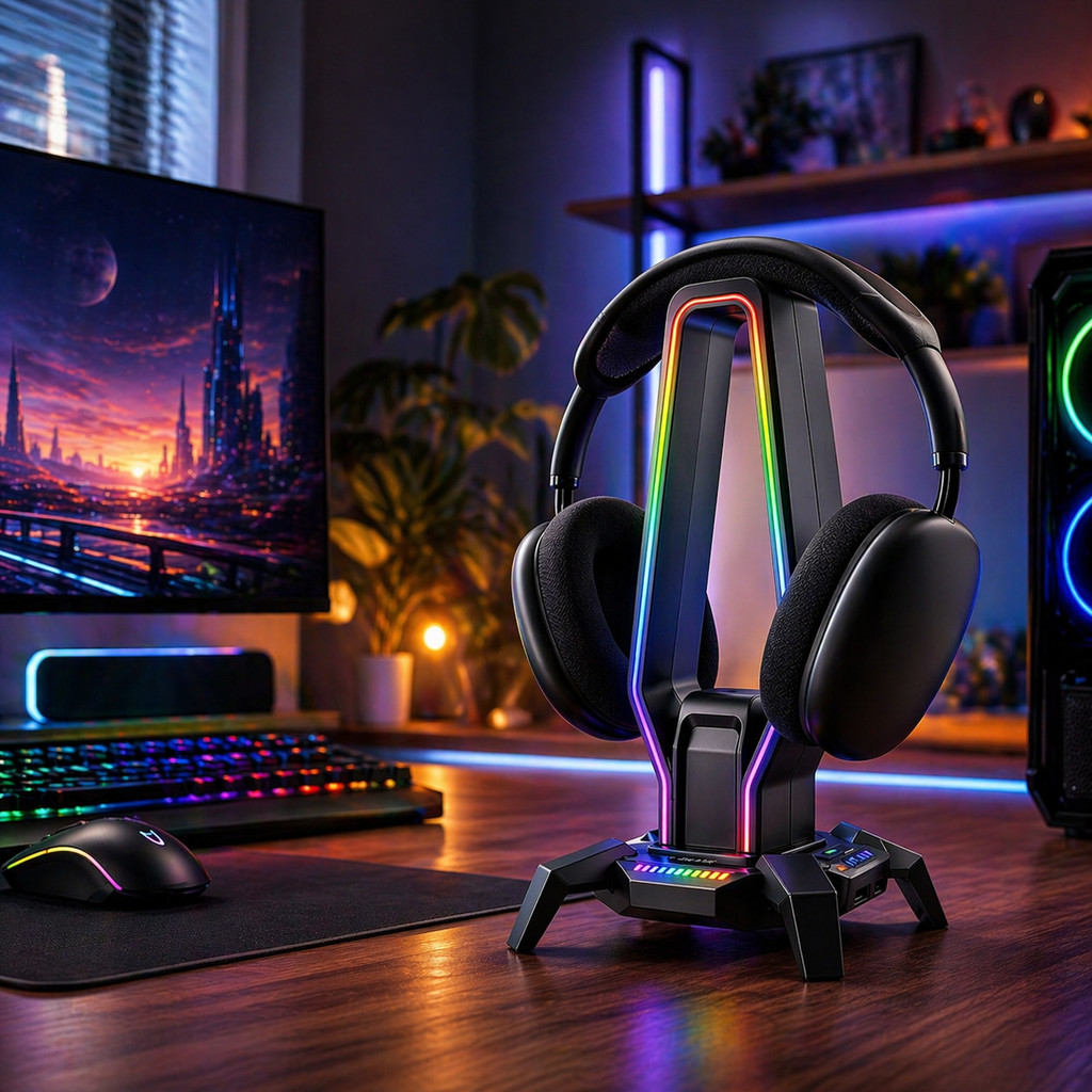 Suporte para Fone Headphone com Hub 3 USB Tipo C Auxiliar P2 LED RGB Plug and Play LE-197
