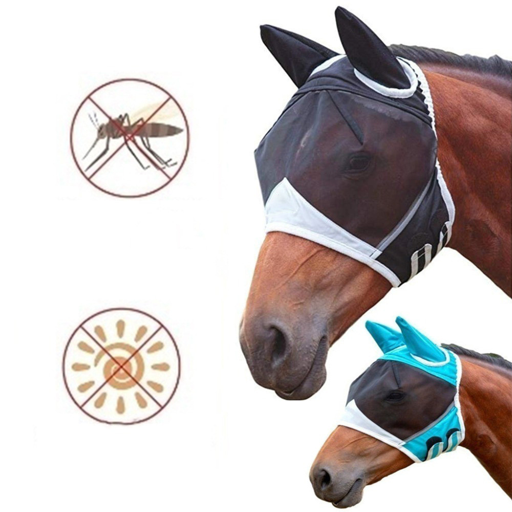 Máscara de cavalo respirável anti-mosquito anti-insetos capuz de cavalo rosto de cavalo anti-mosquito capa elástica cava