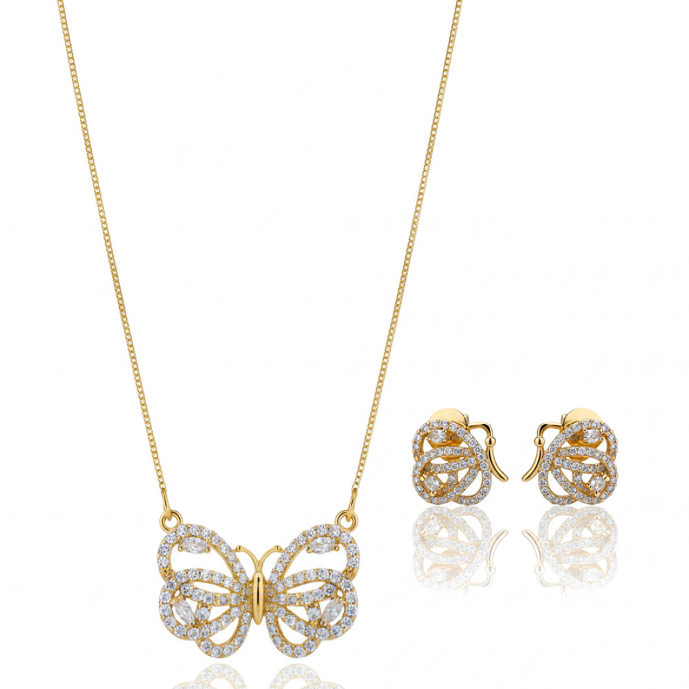 Conjunto de Colar e Brincos em Formato Borboleta Segmentada Pavé com Zircônias - OURO - CRISTAL - LABRILHO Joias - Banha