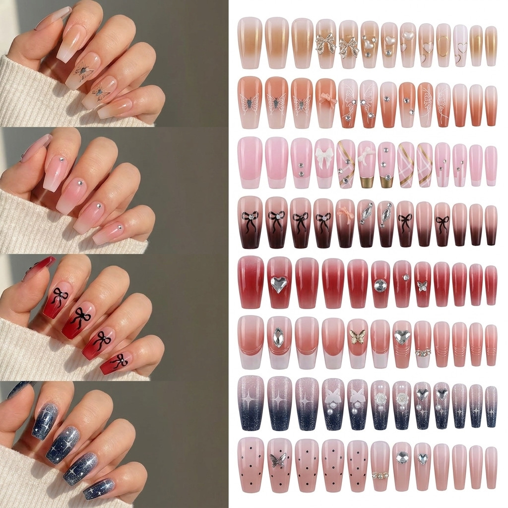 96 Pçs Unhas Postiças Degradê Naturais Longas Bailarina/Quadrada Efeito Gel Brilho Intenso Fácil Aplicação Reutilizável