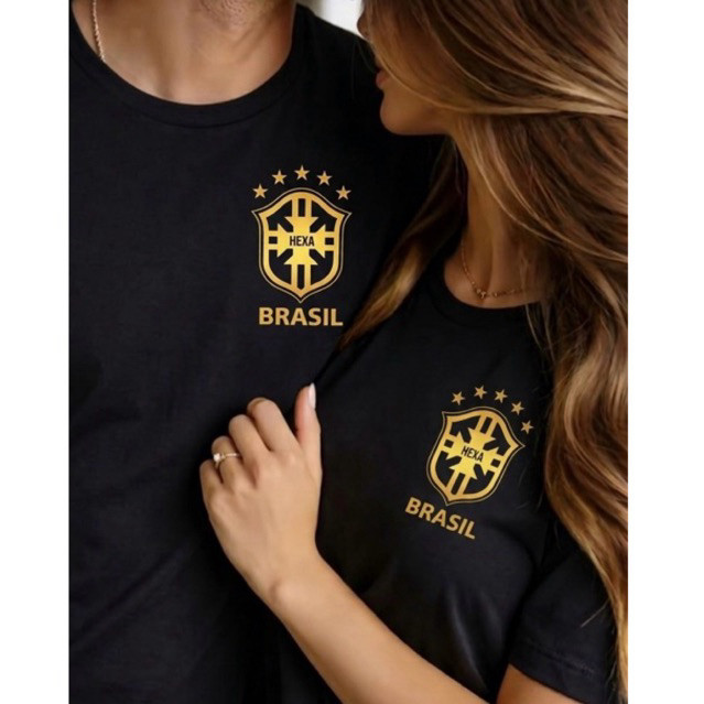 kit 2 Camisas Casal de Time Foto Brasil Copa Camiseta Feminina Torcedora 100% Algodão Premium