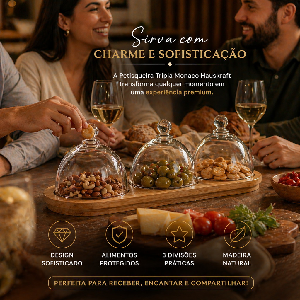 Petisqueira Tripla Com Tampa Cristal Madeira Hauskraft