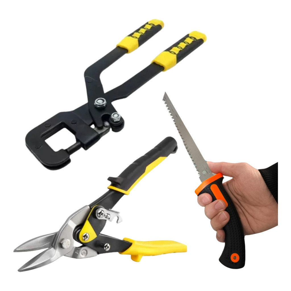 Kit 3 Peças Drywall Gesseiro Tesoura Chapa Aço Alicate Puncionador Serrote Manual Corte Montantes Perfis Reforma