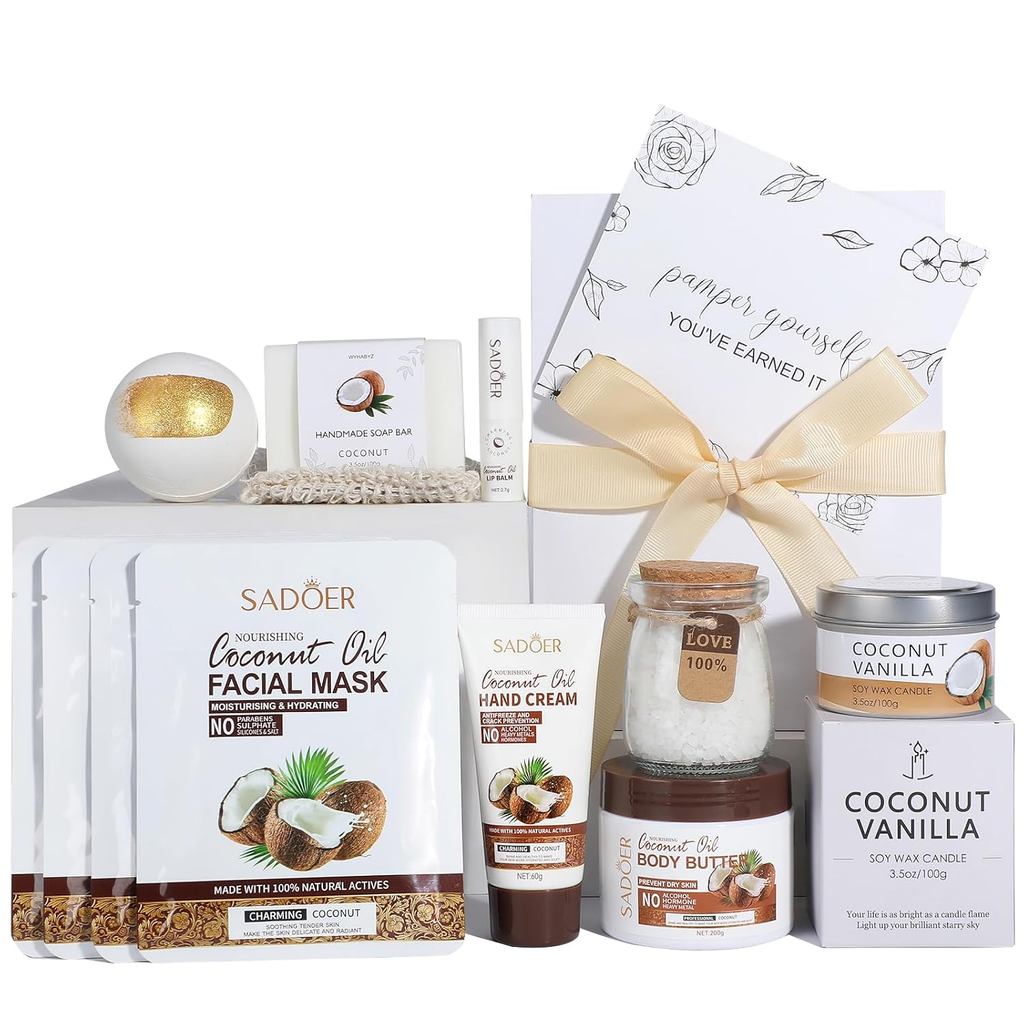 Presentes de Spa de Coco para Mulheres, Kit de Cuidados Pessoais para Aniversário, Cesta de Presentes de Natal, Conjunto