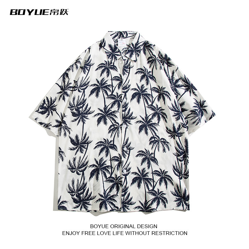 BOYUE BOYUE Verão Seaside Praia Coco Camisa Estampada Completa Masculina Solta Japonesa Casual Legal Camisa Fina