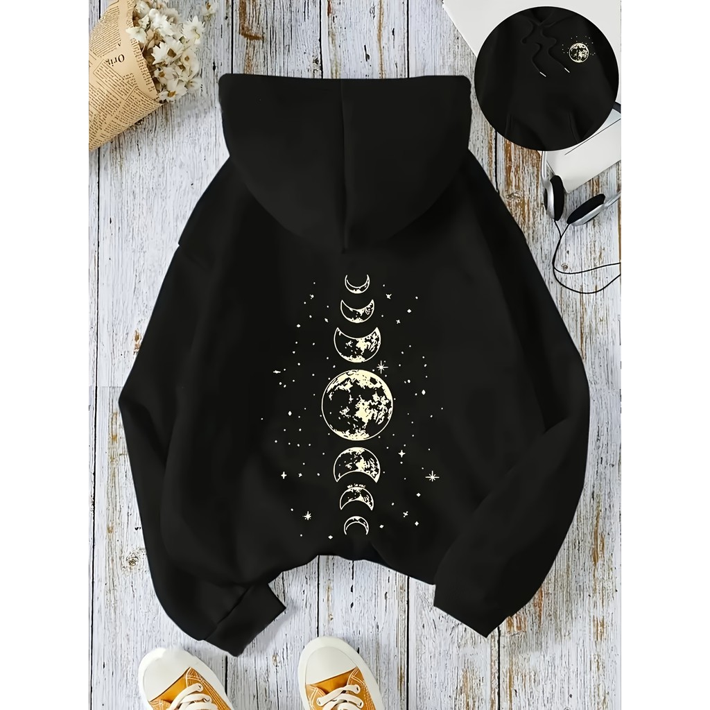 Camisola com Capuz e Cordão com Bolso Canguru e Padrão Elemento Lua Estrela, Sweatshirt Pullover Fashion, Camisola Confo