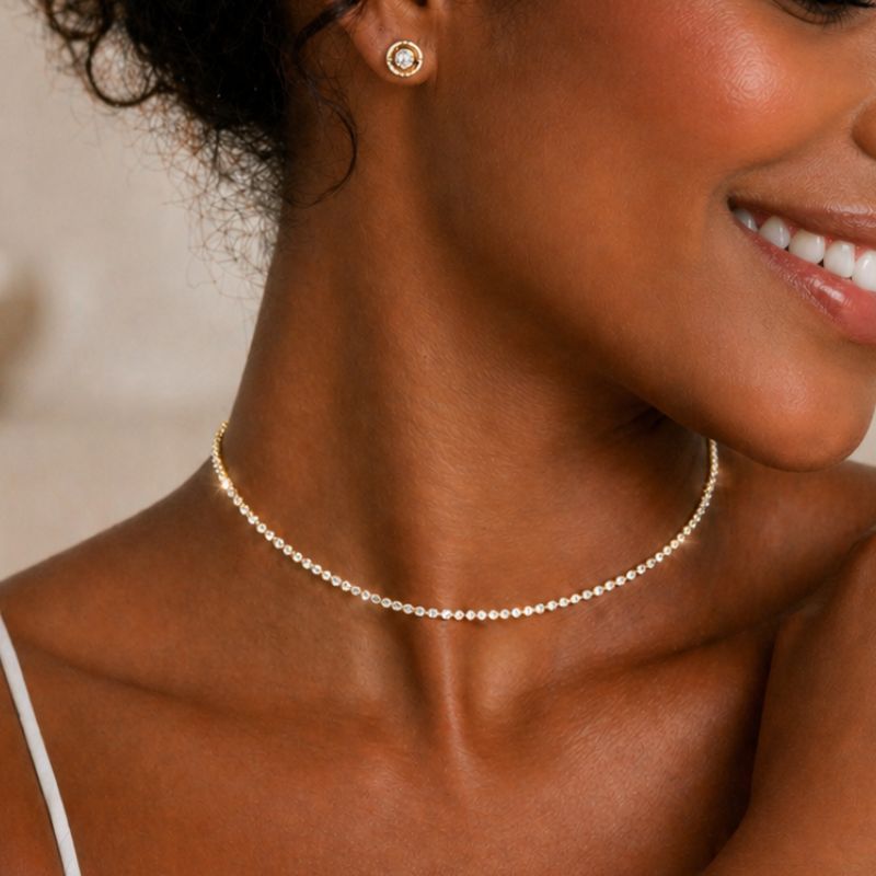 Colar Choker Riviera Zircônia 2mm Feminina 35cm + Extensor Dourada Delicada Luxo Brilho