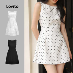 Lovito Elegante Vestido Drapeado Verão Diário Férias Viagens Deslocamentos Coreano Preppy Simples Mulheres LK3AD373