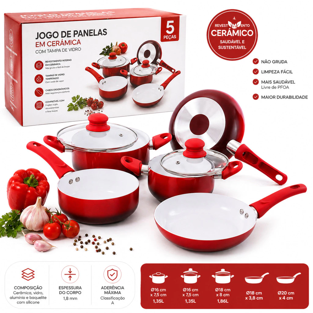 Kit Jogo Panelas Em Cerâmica Tampa De Vidro Frigideira 5 Pçs