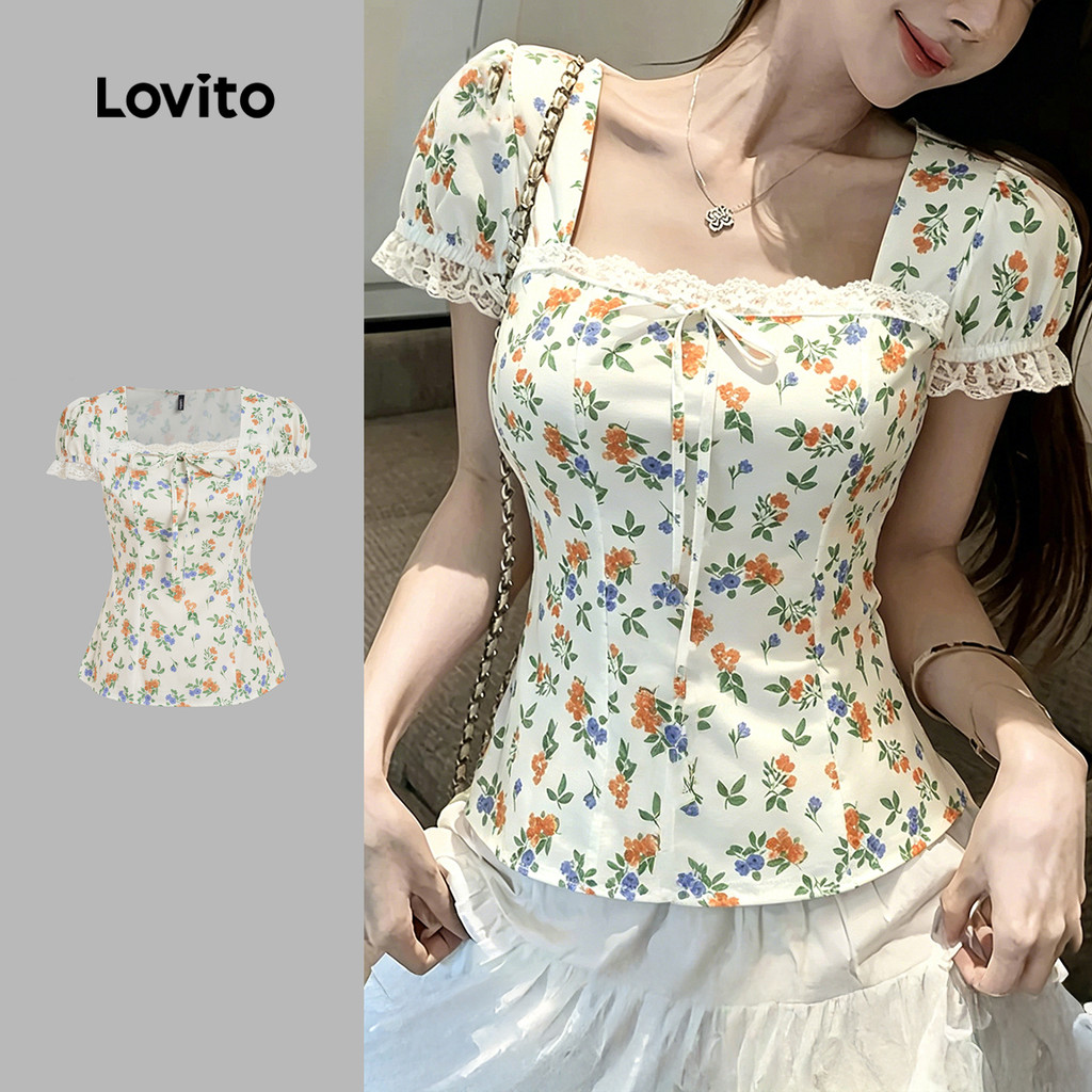 Lovito Blusa Boho de Renda para Mulheres Primavera/Verão Bordado L189ED070