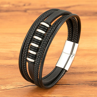 Pulseira Masculina Moda Multi-Camada De Couro Pulseiras De Aço Inoxidável Jóias De Aniversário Para Acessórios Masculino