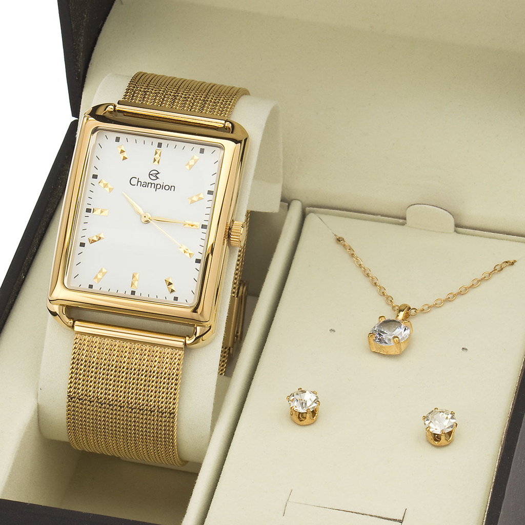 Relógio Feminino Champion Quadrado Dourado Kit Colar e Brincos CN21327W