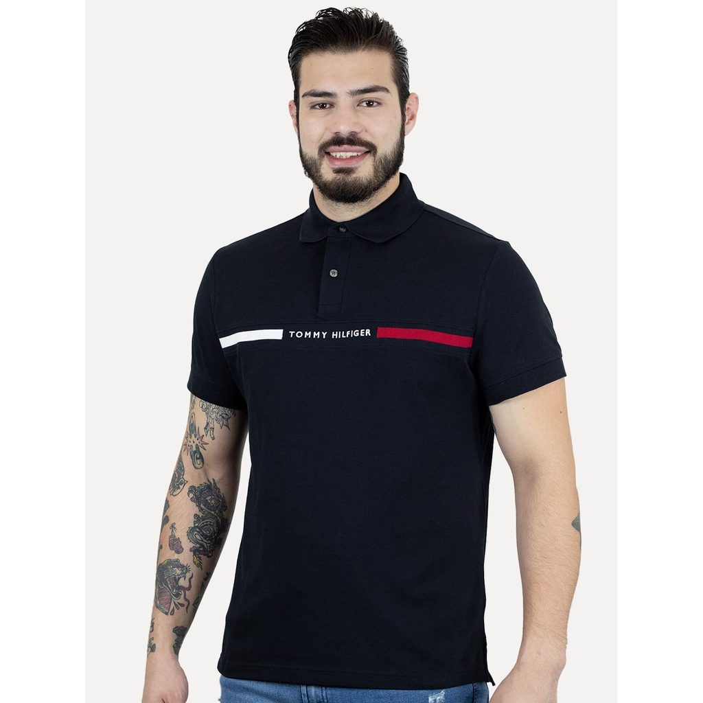 Polo Tommy Hilfiger Masculina Regular Chest Insert Logo Azul Marinho
