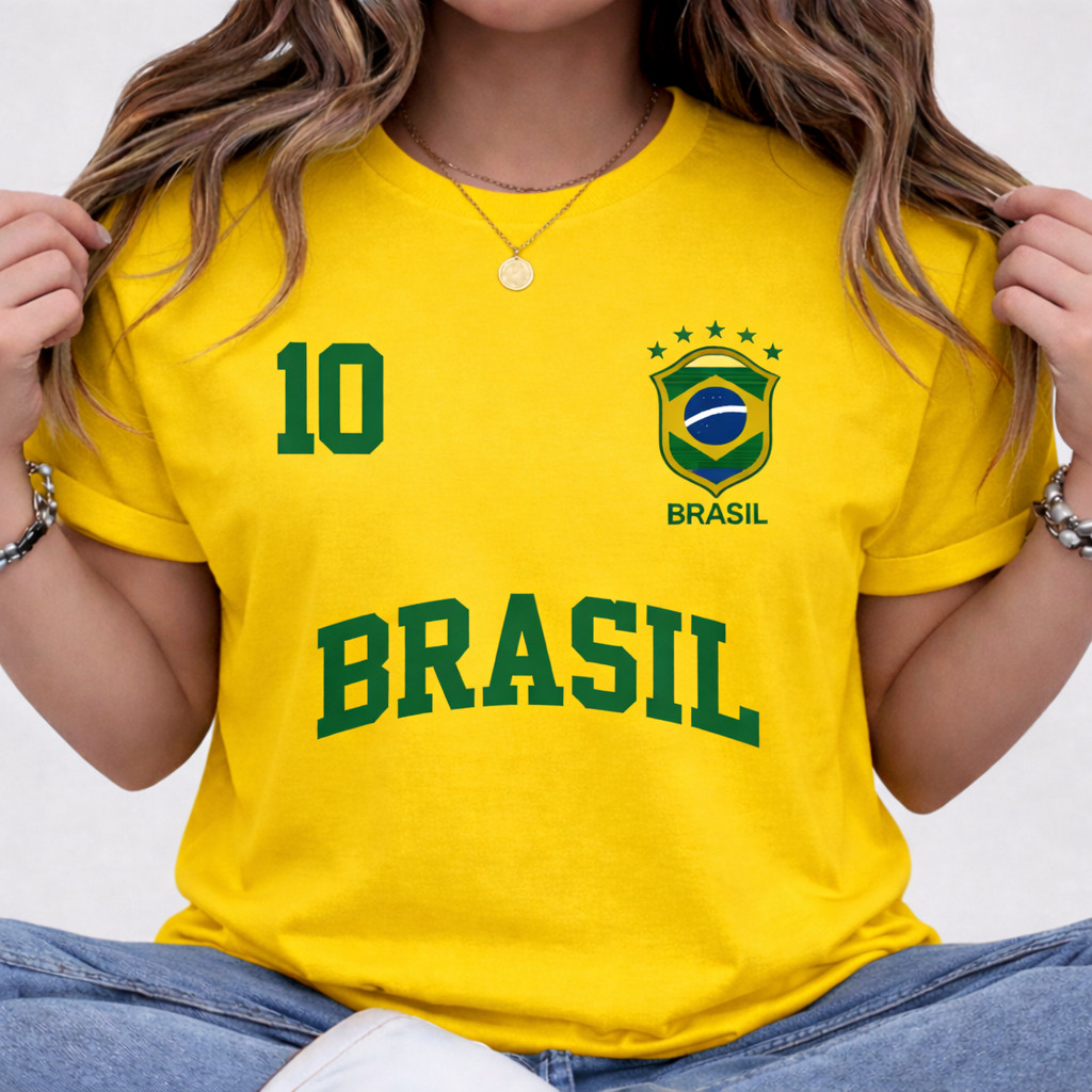 Camiseta Camisa Feminina Blusa 100% Algodão Streetwear Brasil Copa Bandeira Futebol Tendên...