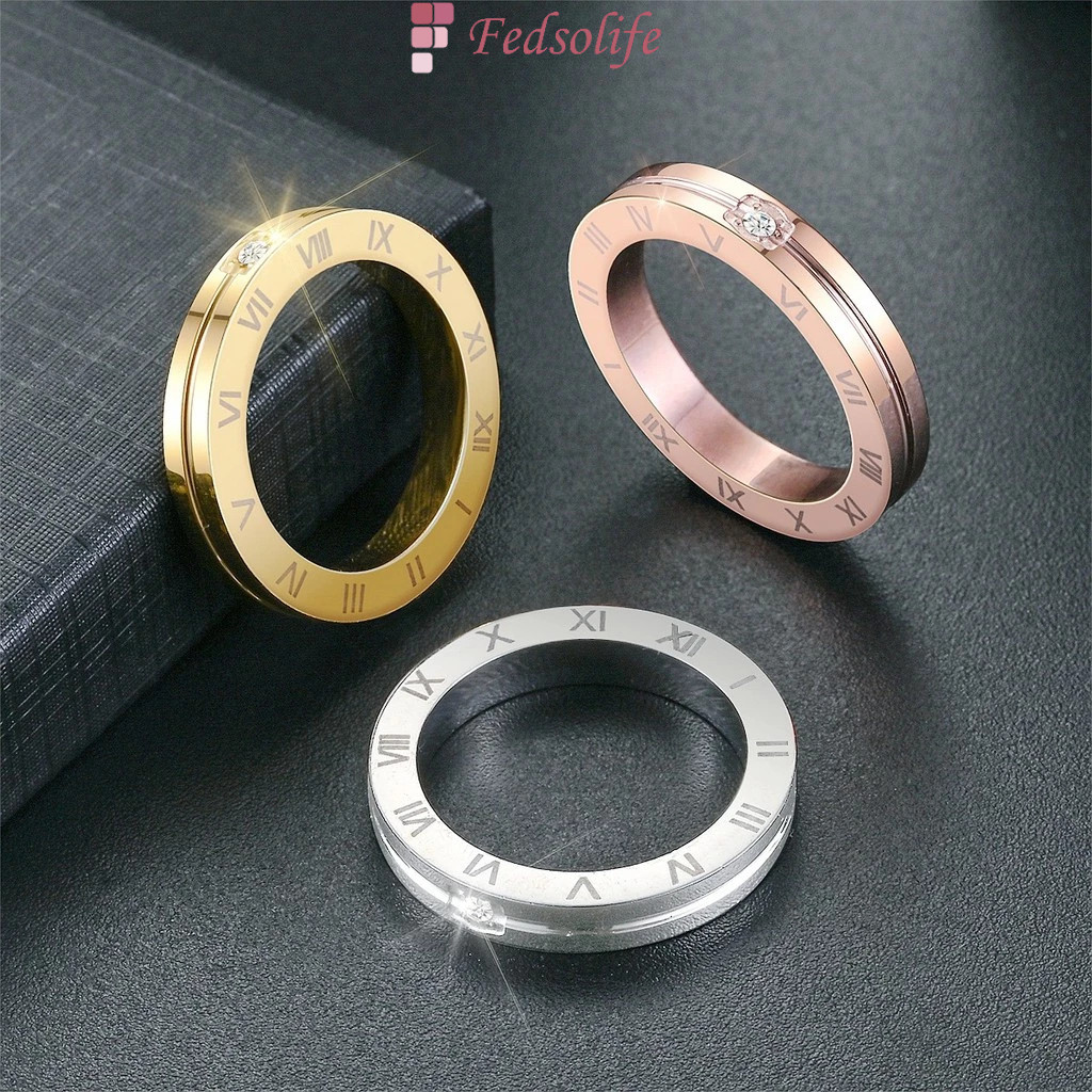 [Anel Fedsolife] INS Nicho High-End Design Anel de Aço Titânio Moda Retro Numeral Romano Diamante Anel de Casal Joias da