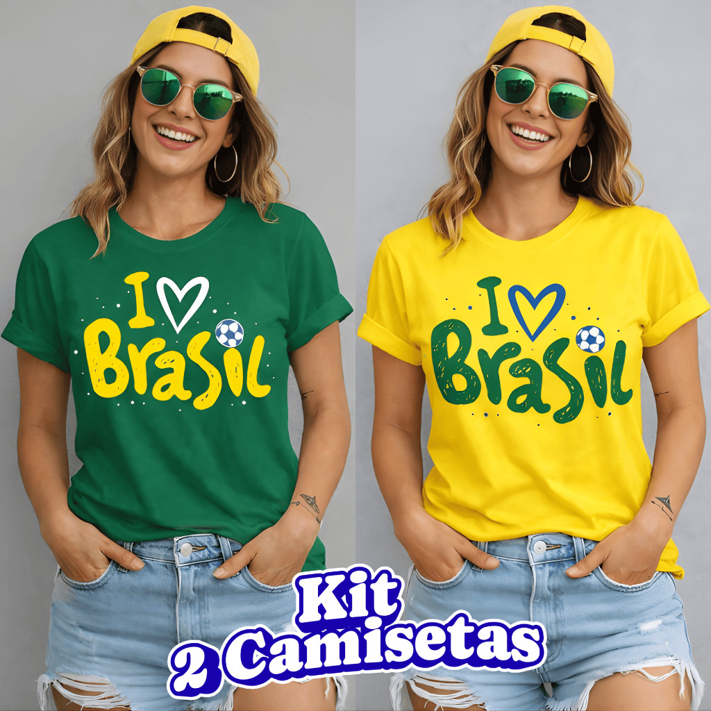Kit 2 Camisetas Femininas Estilosa Copa Do Mundo Futebol Brasil Camisa Blusinha 100% Algodão