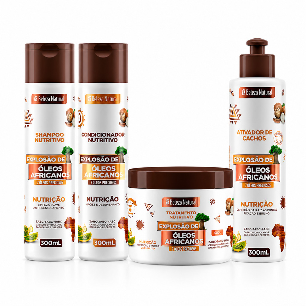 Kit Cachos Óleos Africanos Shampoo 300ml Condicionador 300ml Ativador de Cachos 300ml e Máscara 500g Beleza Natural
