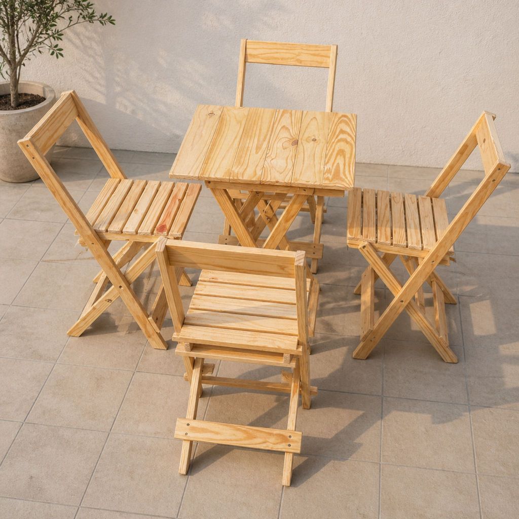 Kit 1 Mesa Dobrável 60x60cm + 4 Cadeiras Dobráveis em Madeira Pinus
