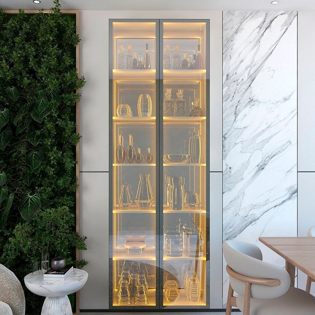 Cristaleira 2 Portas Reflecta com LED e Espelho 76cm 100% MDF Luminare Bege/Off White Off White