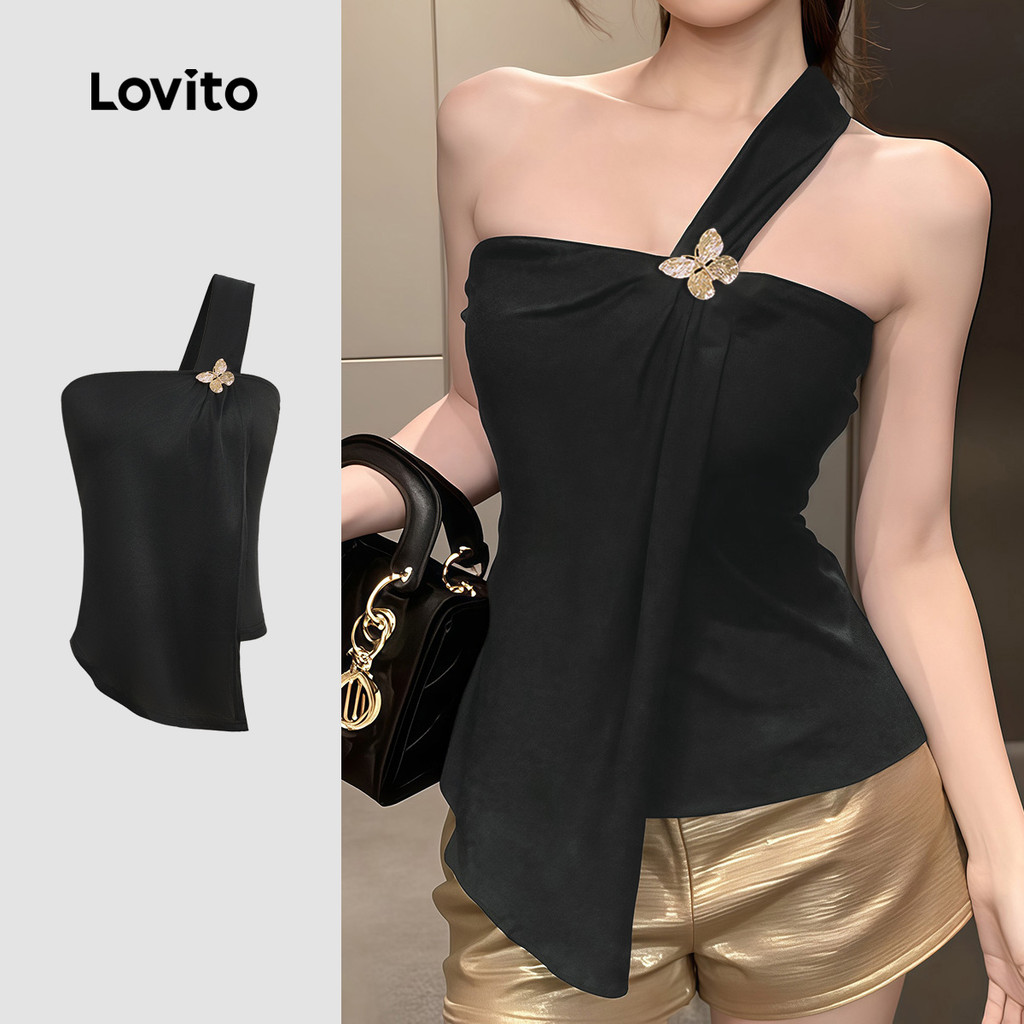 Lovito Top Elegante Assimétrico Preto para Mulheres primavera/verão LK4LD2625