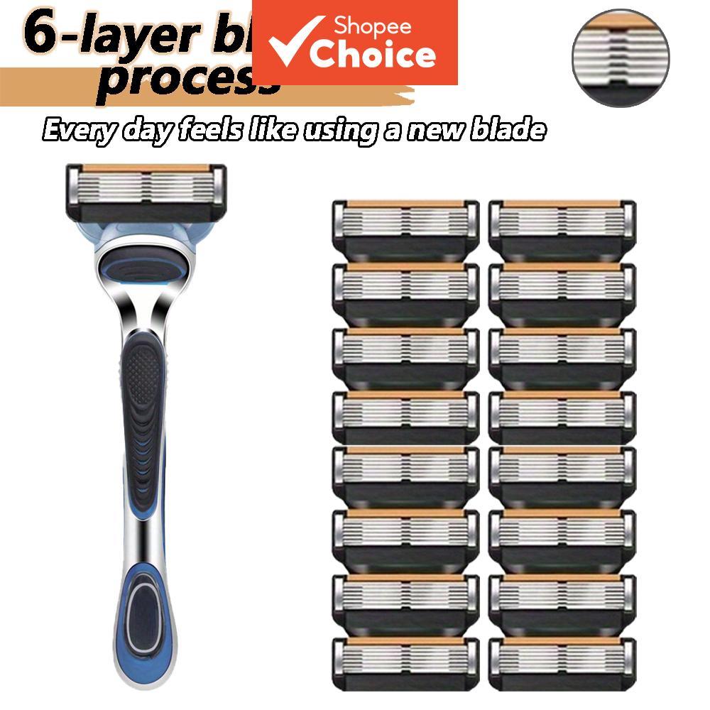 Barbeador de segurança manual, 1 cabo + 16 lâminas, lâminas de reposição de 6 camadas compatíveis com Gillette Fusion,