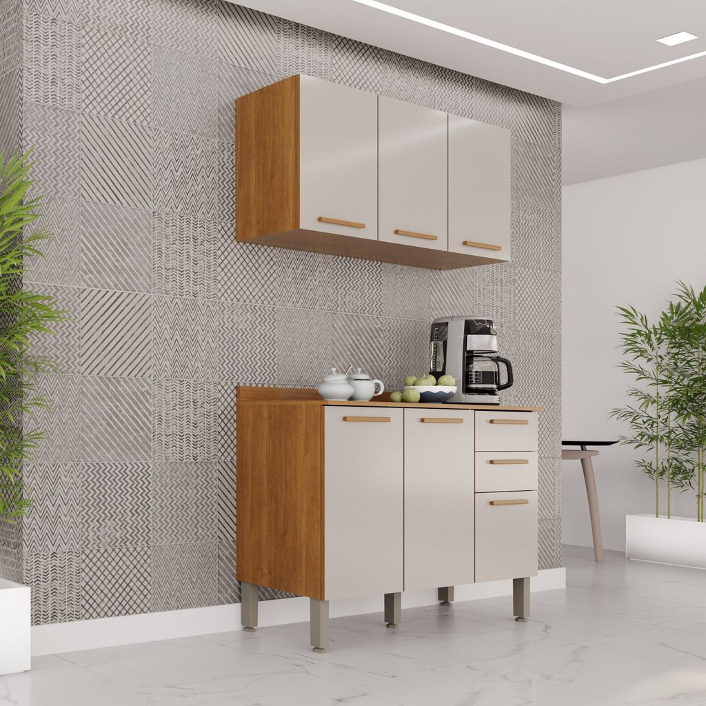 Cozinha Compacta Modulada 2 Peças 6 Portas 2 Gavetas Bella Branco/Cinamomo/Off White Cinamomo/Off White