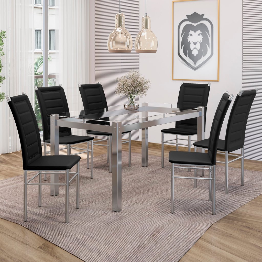 Conjunto Sala de Jantar Mesa Tampo de Vidro 6 Cadeiras Aço Tokio Yescasa Preto/Cromado Cromado/Preto