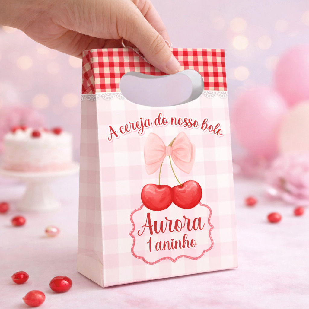 Sacolinha Personalizada Cerejinha Nome e Idade Lembrancinha Festa Infantil