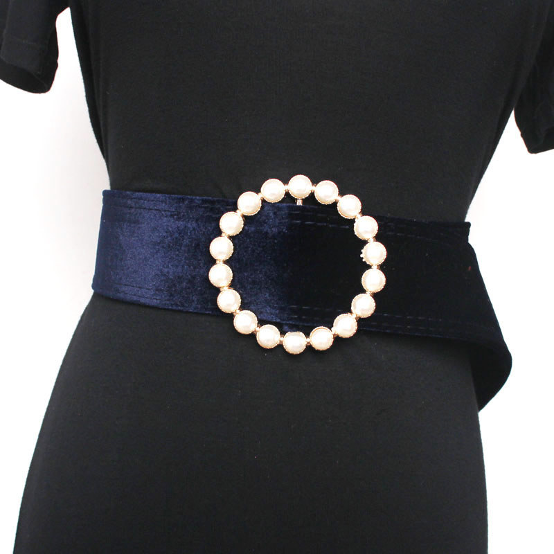 Moda preto vestido cinto senhoras imitação pérola fivela redonda decoração flanela cinto 5.5cm cinto largo All-Match