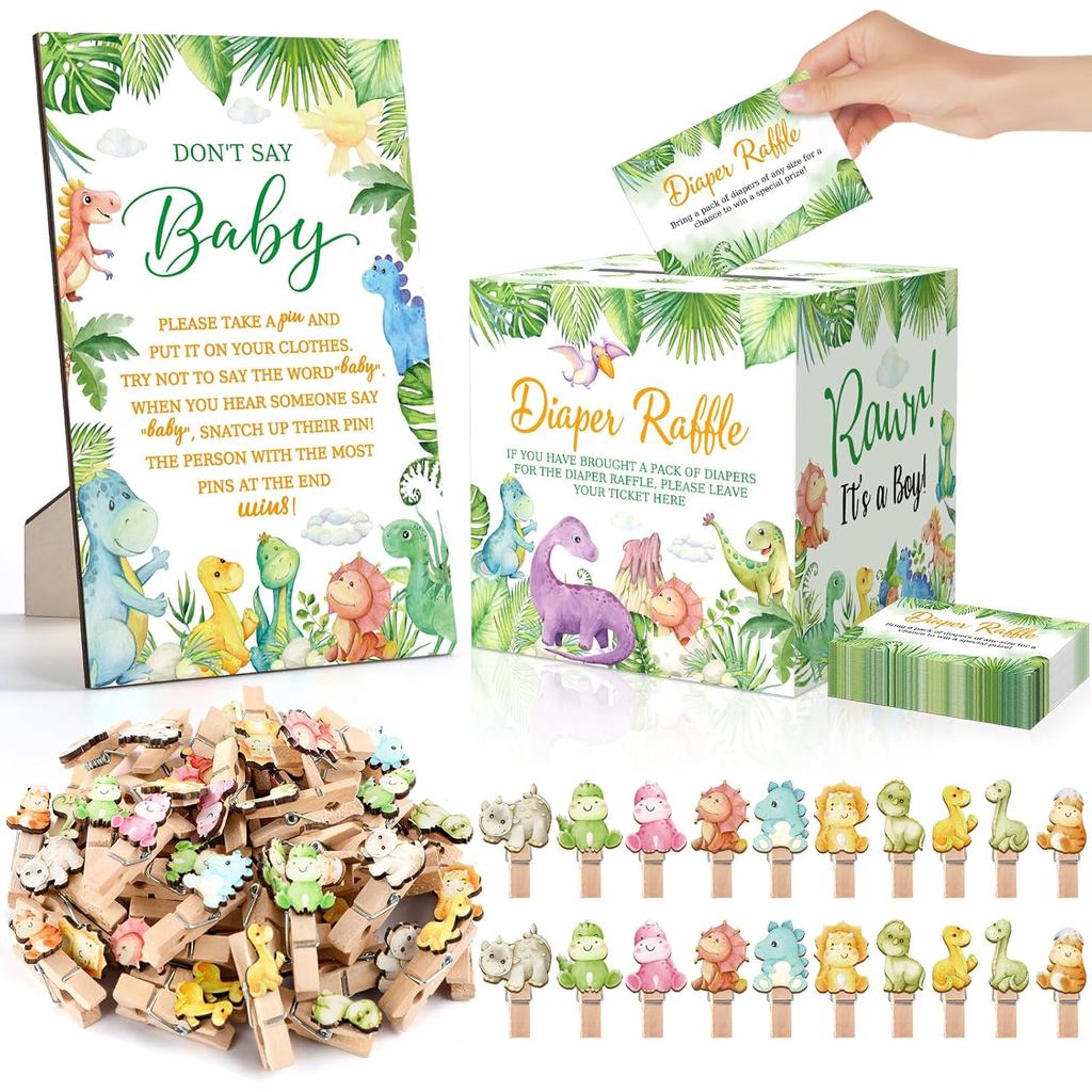 102 Peças de Suprimentos para Jogos de Chá de Bebê: Bilhetes de Rifa com Tema de Fraldas, Caixa de Cartões para Rifa de