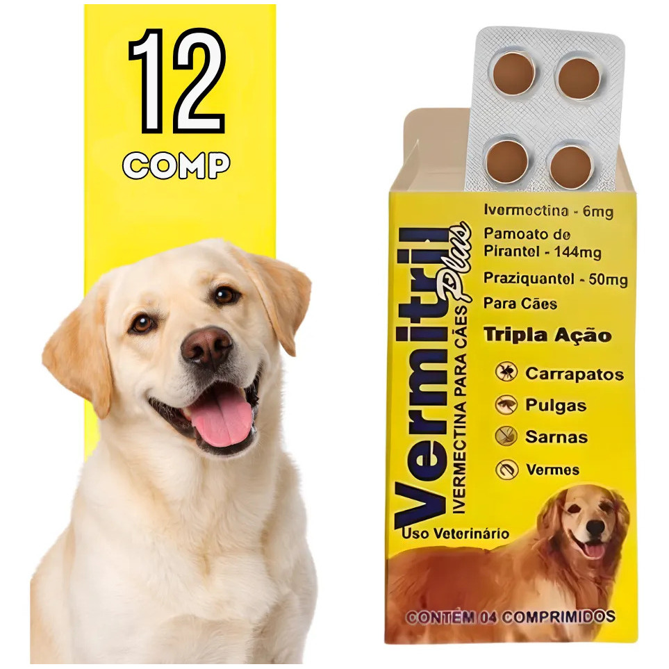 Vermitril Plus Para Cães de 30kg 12 Comp - Anti Vermes, Pulgas, Carrapatos e Sarnas